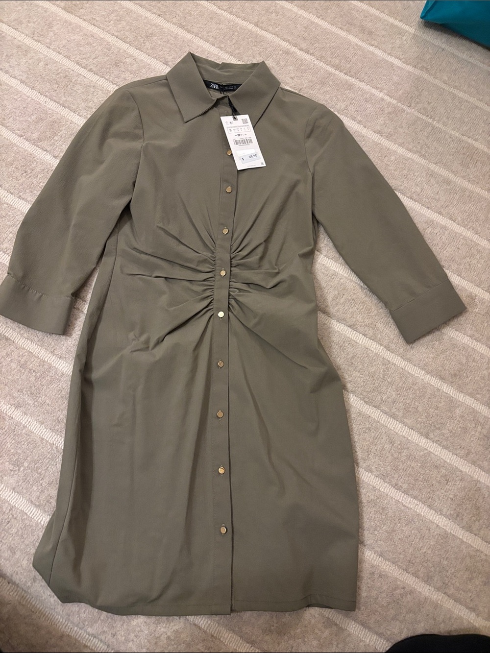 Zara Olive Green Ruched Button-Front Midi Dress